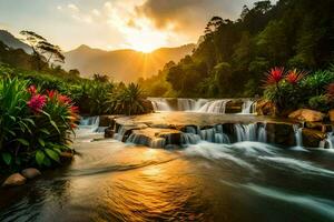 beautiful waterfall in thailand at sunset. AI-Generated photo