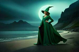 a woman in a green dress standing on the beach at night. AI-Generated photo