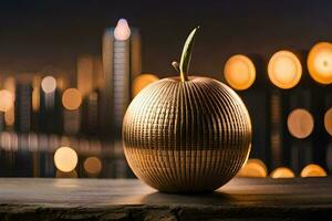 an apple sitting on a table with a city in the background. AI-Generated photo