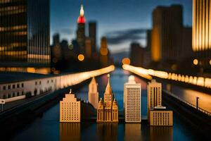 a miniature city with buildings and lights on the water. AI-Generated photo