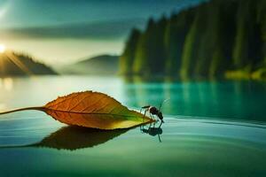 a leaf on the water with a bug in the foreground. AI-Generated photo