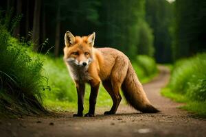 un rojo zorro soportes en un la carretera en el medio de un bosque. generado por ai foto