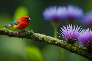 a colorful bird sits on a branch with purple flowers. AI-Generated photo