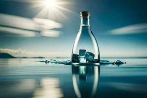 a bottle of water in the ocean with ice cubes. AI-Generated photo