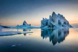 icebergs are reflected in the water at sunset. AI-Generated photo