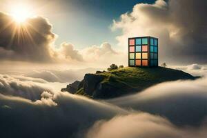 a colorful cube sits on top of a mountain with clouds. AI-Generated photo