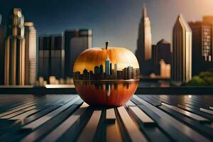 an apple with a cityscape on it. AI-Generated photo