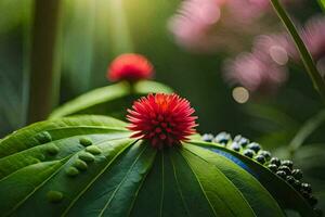 a red flower is on top of a green leaf. AI-Generated photo