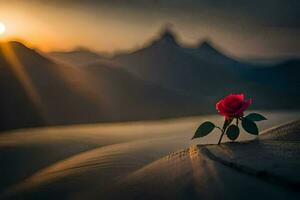 a single rose is sitting on the sand in front of a mountain. AI-Generated photo