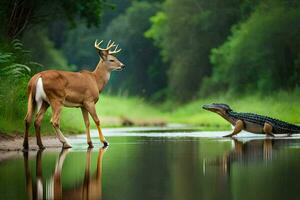 a deer and an alligator standing in a river. AI-Generated photo