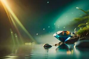 a diamond in the water with grass and trees. AI-Generated photo