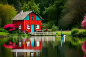 un rojo casa se sienta en el borde de un lago. generado por ai foto