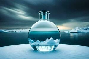 a bottle of water with icebergs in it. AI-Generated photo