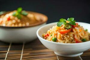 the rice is served in a bowl with vegetables and garnished with parsley. AI-Generated photo