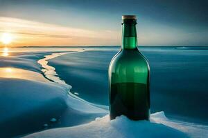 a bottle of wine sits on the beach at sunset. AI-Generated photo