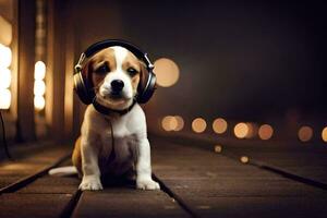 un perrito vistiendo auriculares se sienta en un de madera piso. generado por ai foto