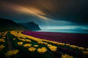 a field of yellow flowers under a stormy sky. AI-Generated photo