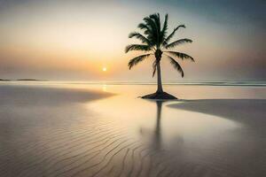 a lone palm tree stands on the beach at sunset. AI-Generated photo