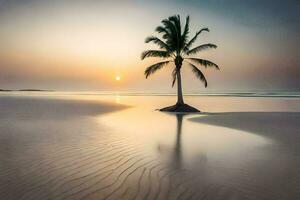 un solitario palma árbol soportes en el playa a puesta de sol. generado por ai foto