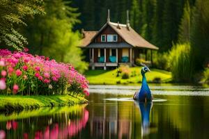 a peacock is standing in the water near a house. AI-Generated photo