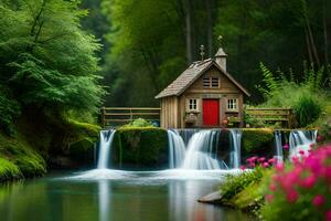 a small house with a waterfall in the middle of a forest. AI-Generated photo