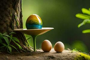 three eggs are sitting on a wooden stand next to a tree. AI-Generated photo