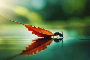 a leaf on the water with a bug on it. AI-Generated photo
