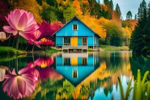 colorful house on the lake with colorful flowers. AI-Generated photo