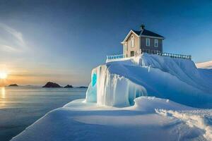 un pequeño casa se sienta en parte superior de un hielo cubierto acantilado. generado por ai foto