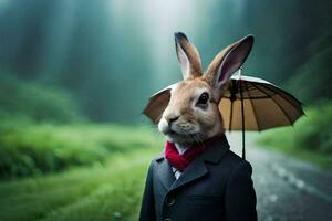 un Conejo vistiendo un traje y Corbata participación un sombrilla. generado por ai foto