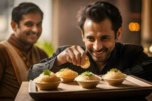 a man is eating food with another man. AI-Generated photo