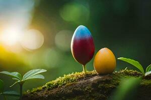 two colorful eggs are sitting on top of a mossy rock. AI-Generated photo
