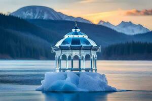 a gazebo on an ice floe in the middle of a lake. AI-Generated photo