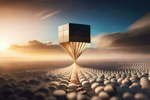 a cube floating in the sky with a cloud in the background. AI-Generated photo