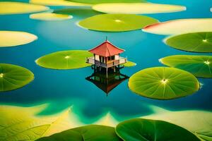 a small hut is surrounded by green lily pads. AI-Generated photo