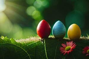 Tres vistoso Pascua de Resurrección huevos sentado en un hoja. generado por ai foto