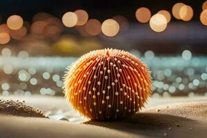 a sea urchin on the beach with bokeh lights. AI-Generated photo