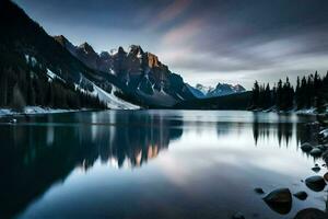 the mountains are reflected in the water at sunset. AI-Generated photo