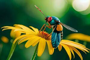 un vistoso insecto es encaramado en un amarillo flor. generado por ai foto