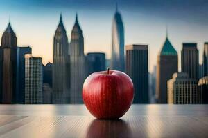 un manzana se sienta en un mesa en frente de un ciudad horizonte. generado por ai foto