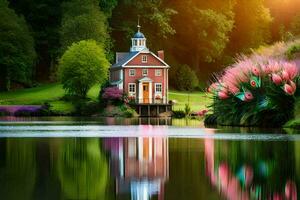 a house sits on the edge of a lake surrounded by flowers. AI-Generated photo