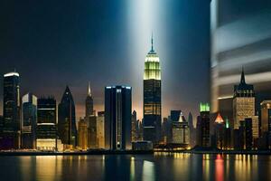 el ciudad horizonte es iluminado arriba a noche con un haz de ligero. generado por ai foto