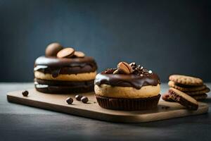 two chocolate cupcakes with peanut butter and chocolate on a wooden cutting board. AI-Generated photo