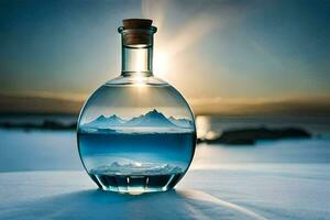 a bottle of water with a mountain in the middle. AI-Generated photo