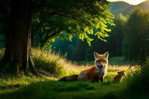 un zorro y su cachorro en el bosque a puesta de sol. generado por ai foto