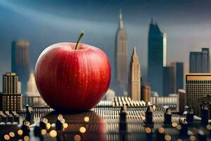 an apple is sitting on top of a cityscape. AI-Generated photo