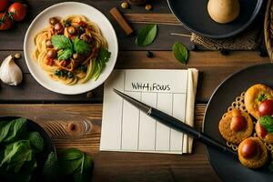 a note with a list of healthy food items on a wooden table. AI-Generated photo