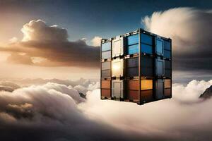 un envase cubo flotante en el cielo. generado por ai foto