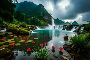 waterfall, flowers, mountains, waterfall, vietnam, vietnam, waterfall,. AI-Generated photo