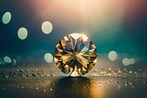 a diamond on a table with bokeh. AI-Generated photo